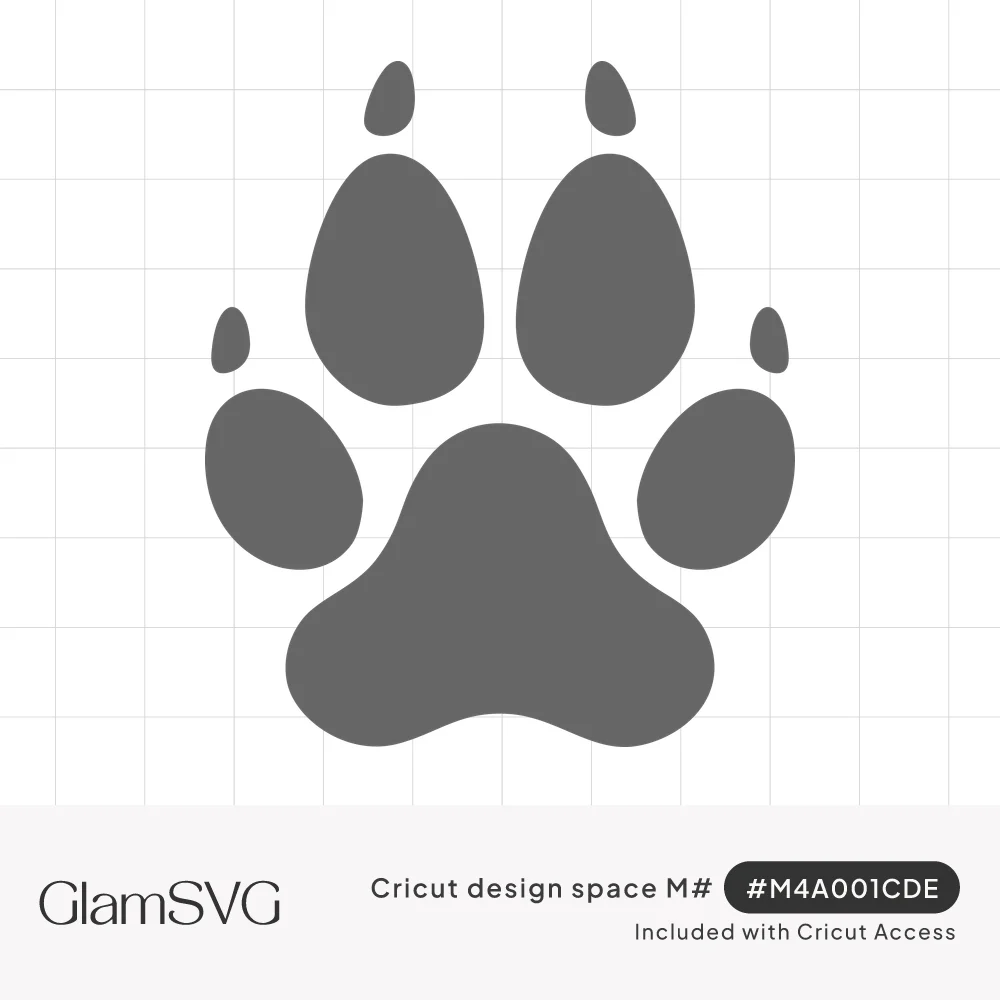 Gray silhouette of a dog paw print with four oval toe pads, small claw marks and a large heel pad