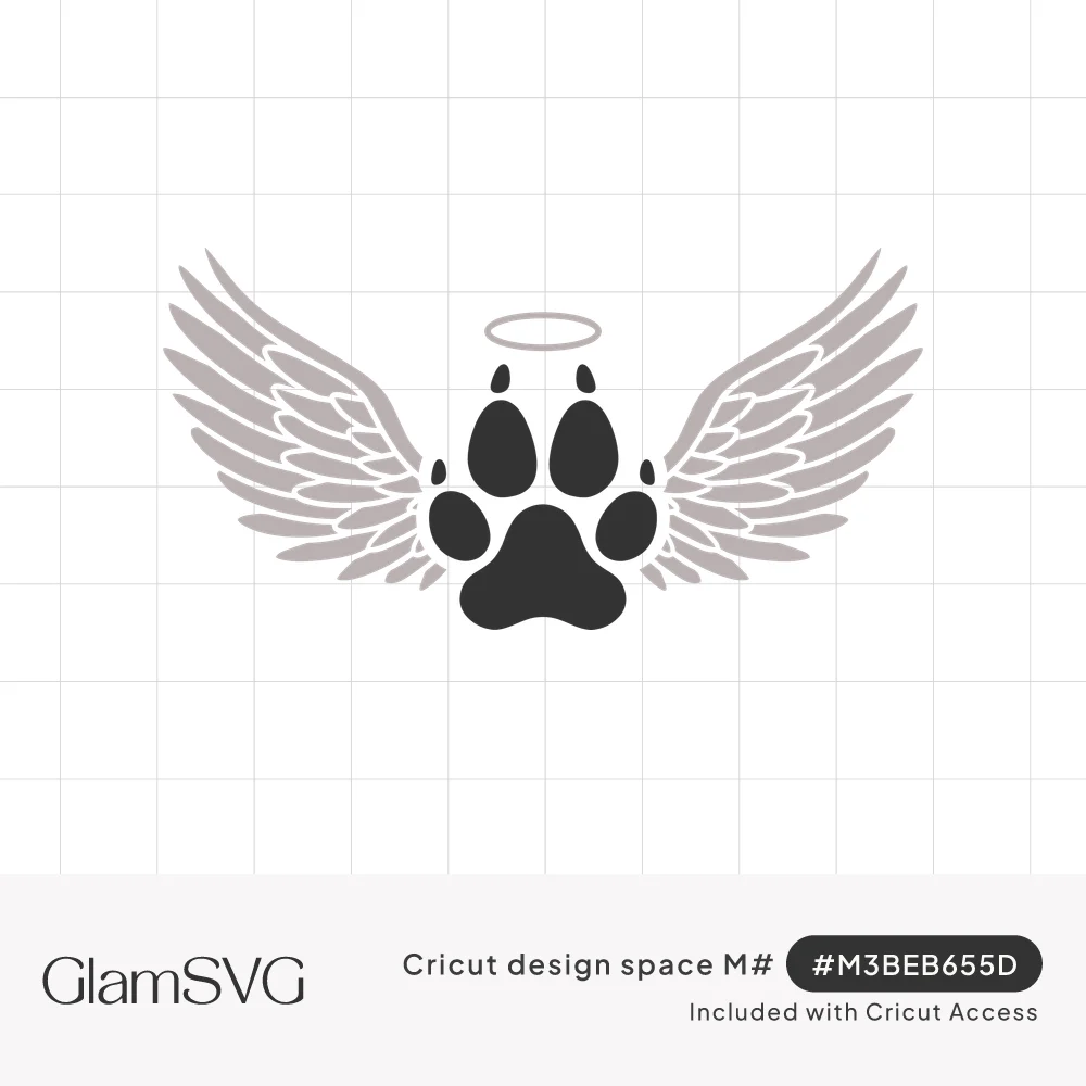 Black dog paw print with a halo above and soft gray angel wings spread on either side
