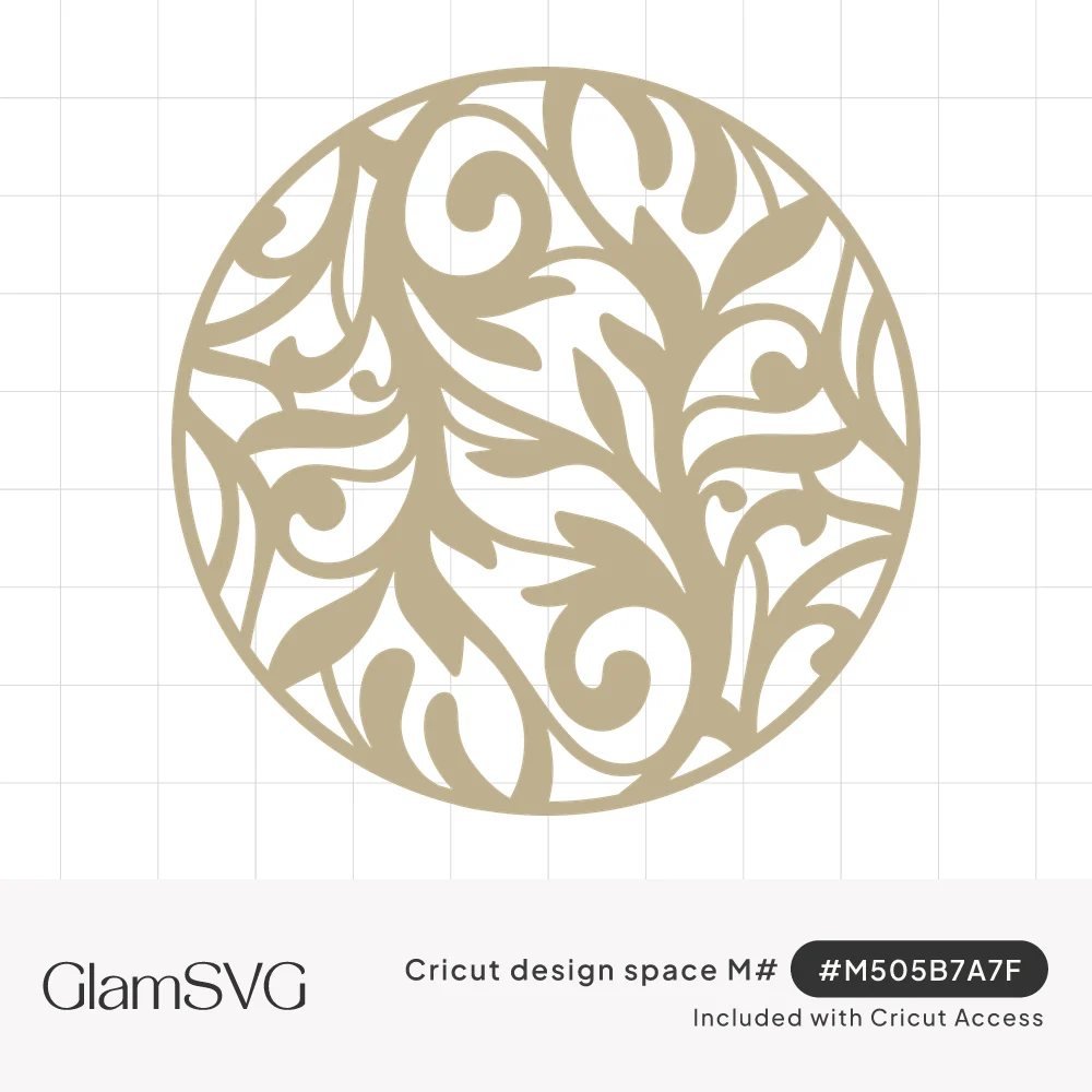 Round filigree doily with swirling scrolls and leaves inside a thin circular border, in a soft gold tone