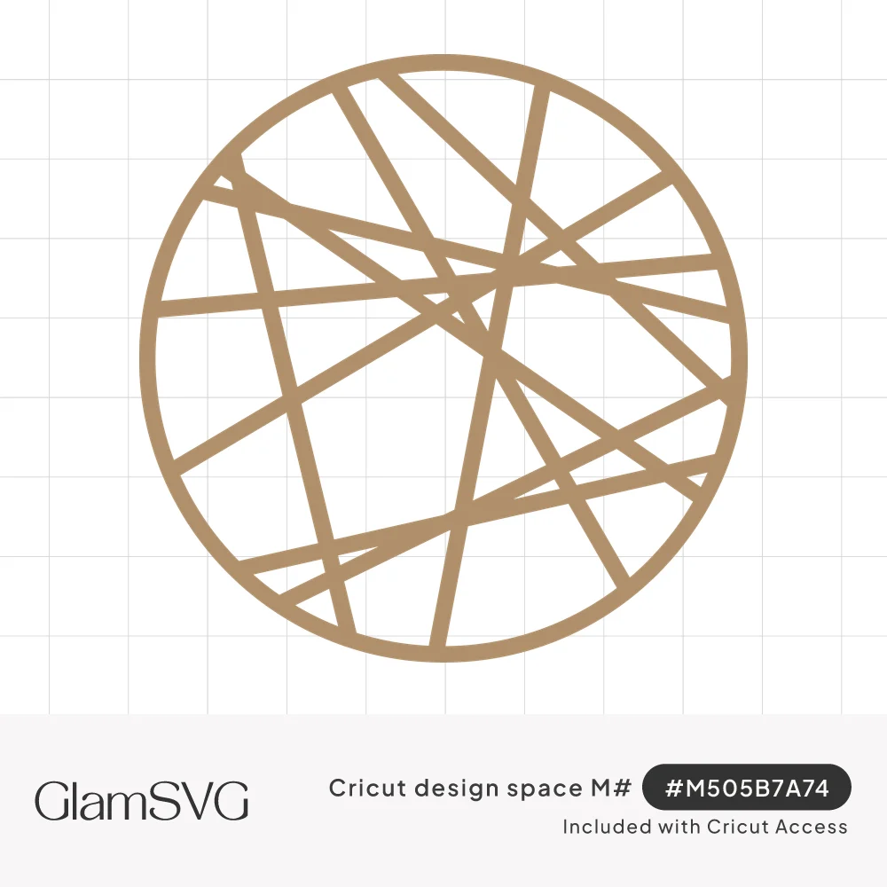 Gold circle outline filled with crisscrossing straight lines forming an abstract geometric doily shape
