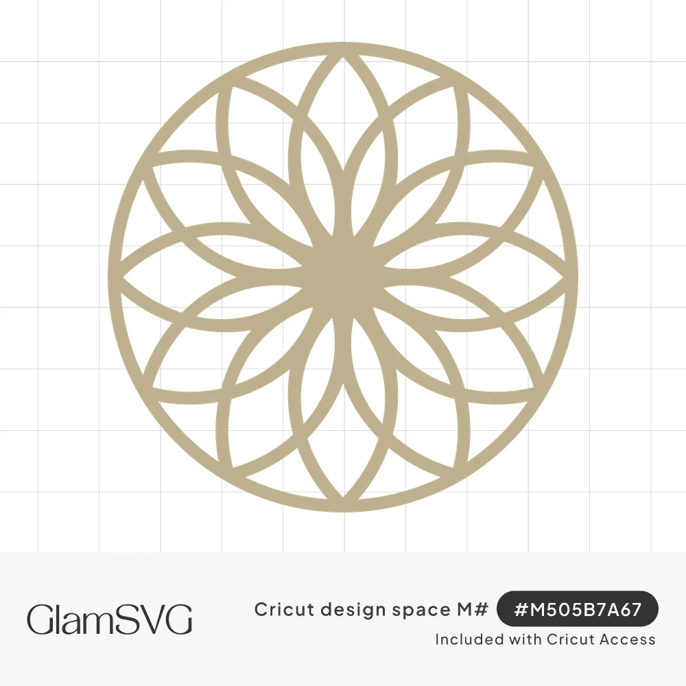 Circular doily design of overlapping arcs forming a twelve-petal rosette in tan line art