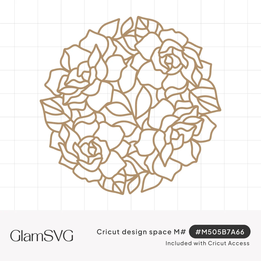 Round lace doily design made of outlined roses and leaves in tan linework on a white background
