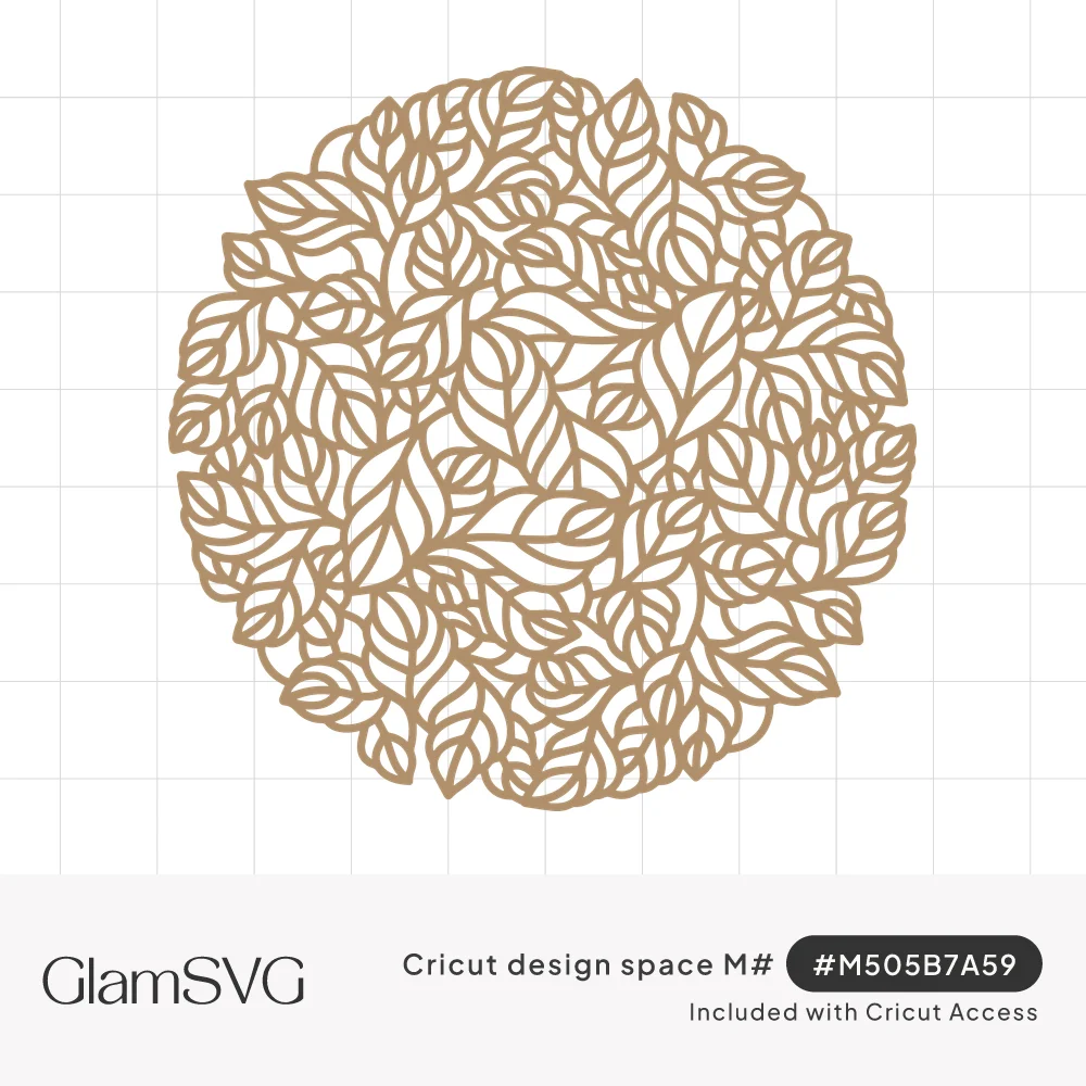 Round lace doily made of overlapping outlined leaves with center veins in a tan filigree circle