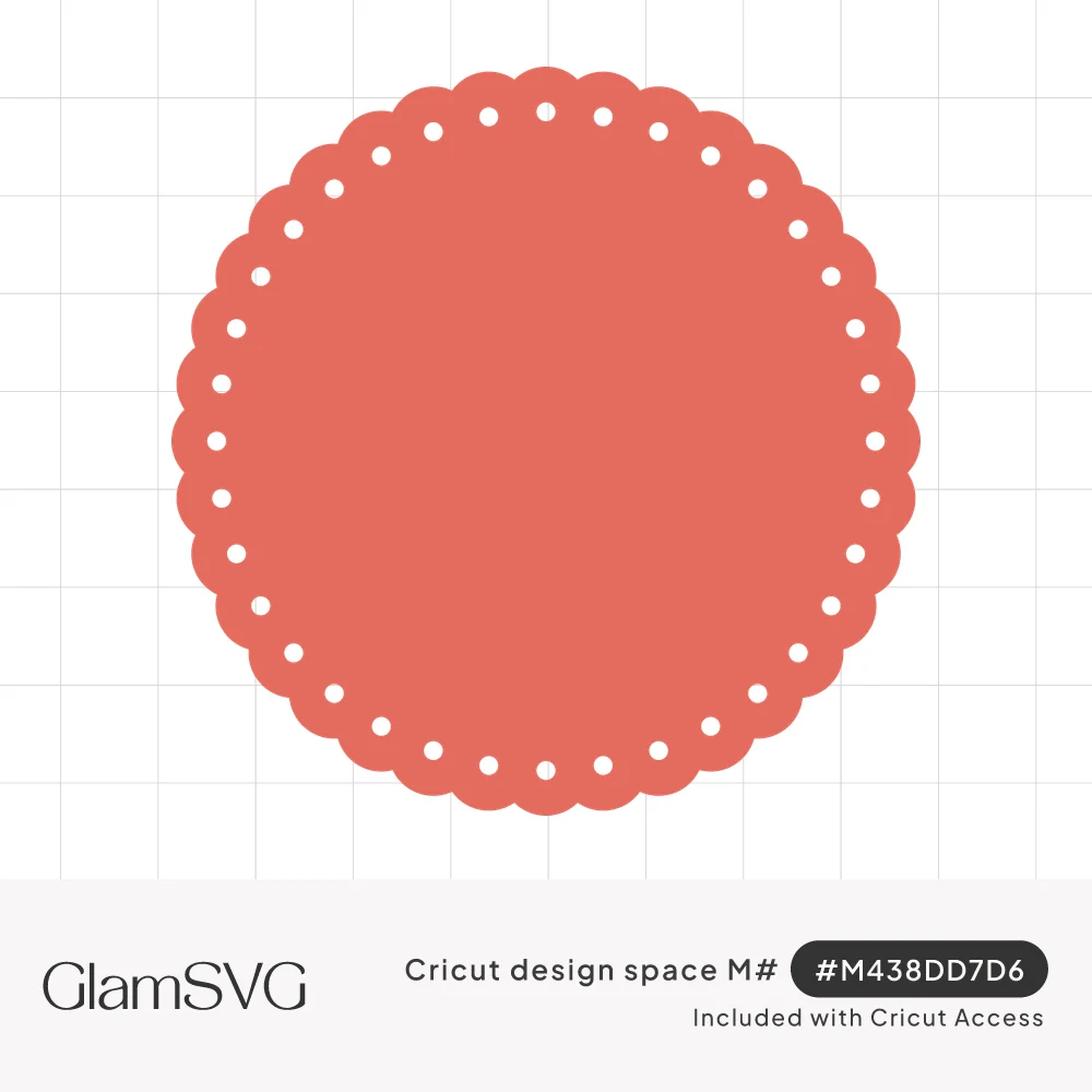 Coral scalloped circle doily shape with a ring of small punched holes around the edge