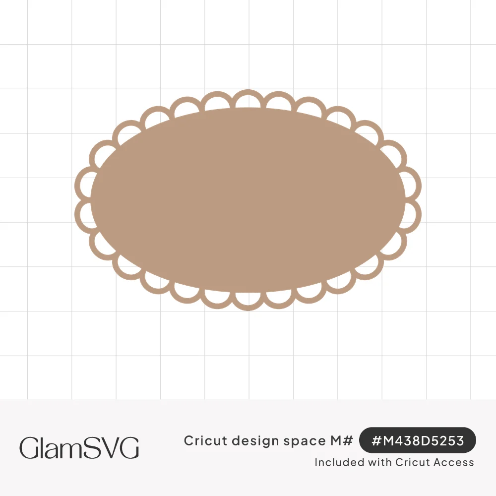 Tan oval label with a scalloped lace-style outlined border and a plain solid center