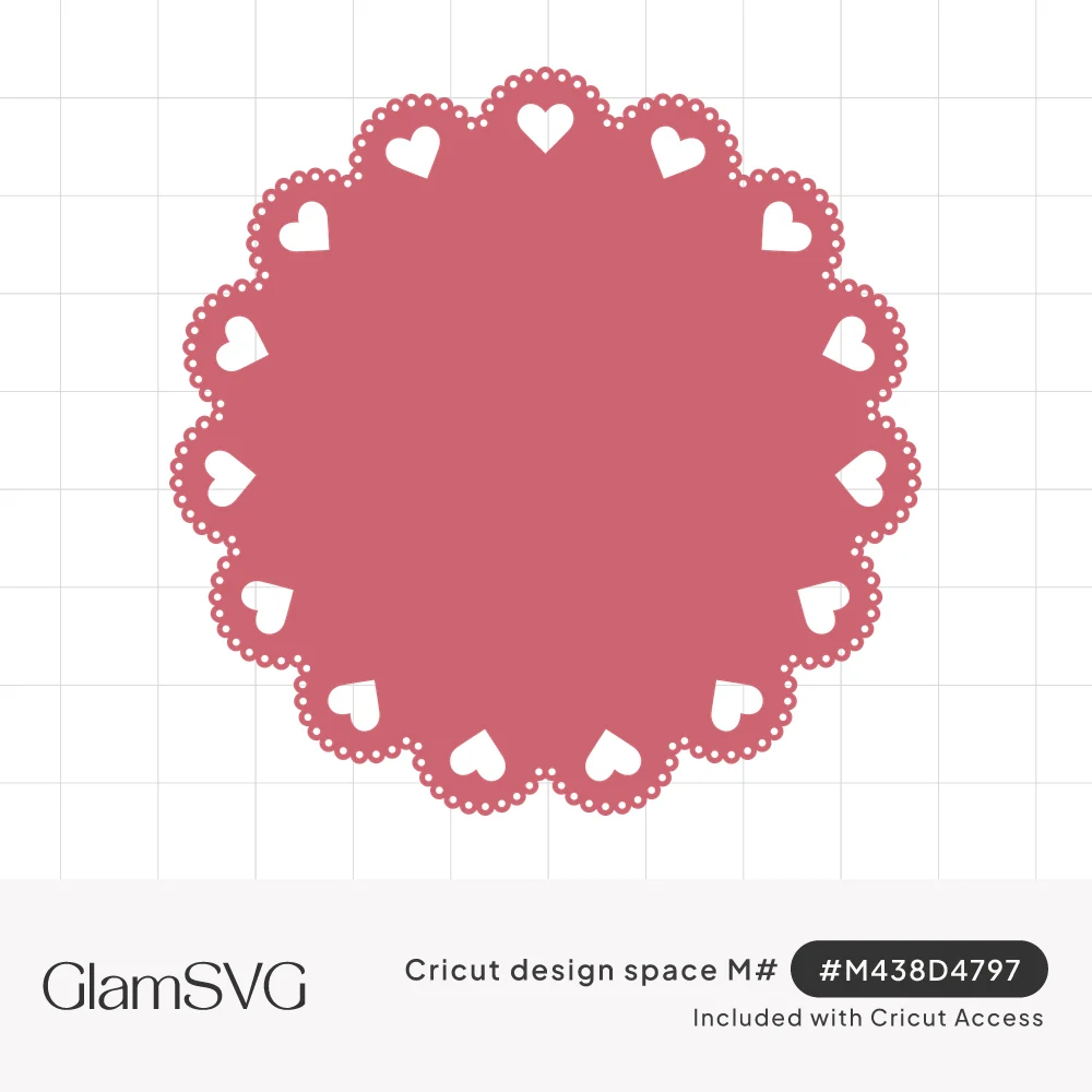 Pink round doily with a scalloped dotted edge and a ring of small cut-out hearts around the border