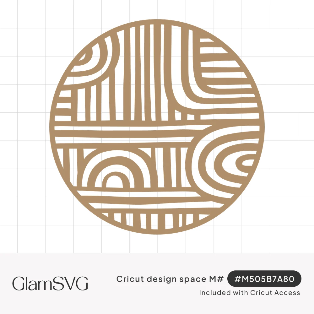 Round tan cutout filled with abstract boho line art of arches, stripes and flowing curved bands