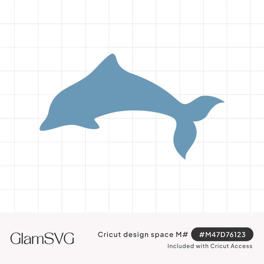 Blue silhouette of a dolphin leaping in an arc with its tail flipped up and a small eye cutout