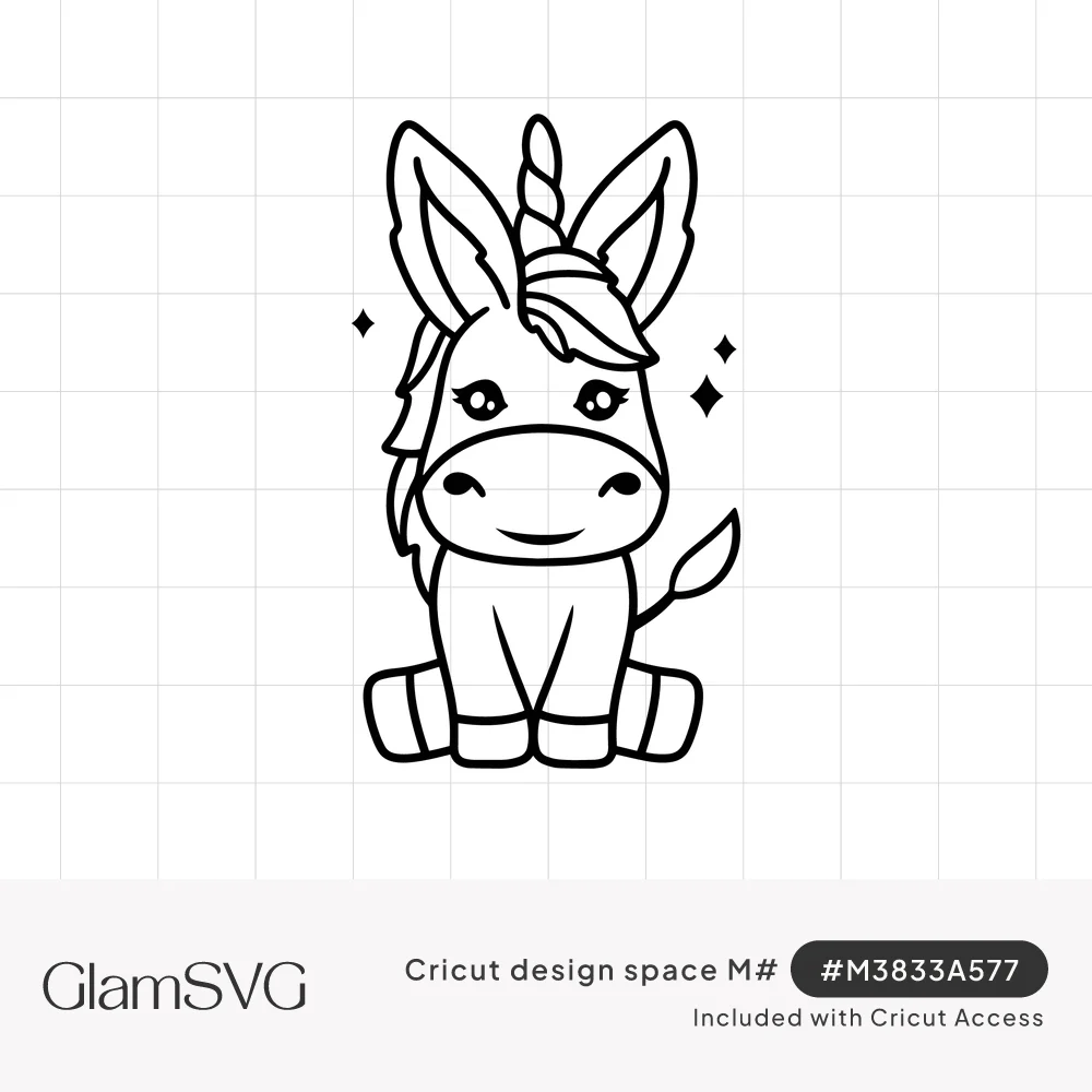 Black line art of a cute seated donkey with a spiral unicorn horn, wavy mane, lashed eyes and small sparkles
