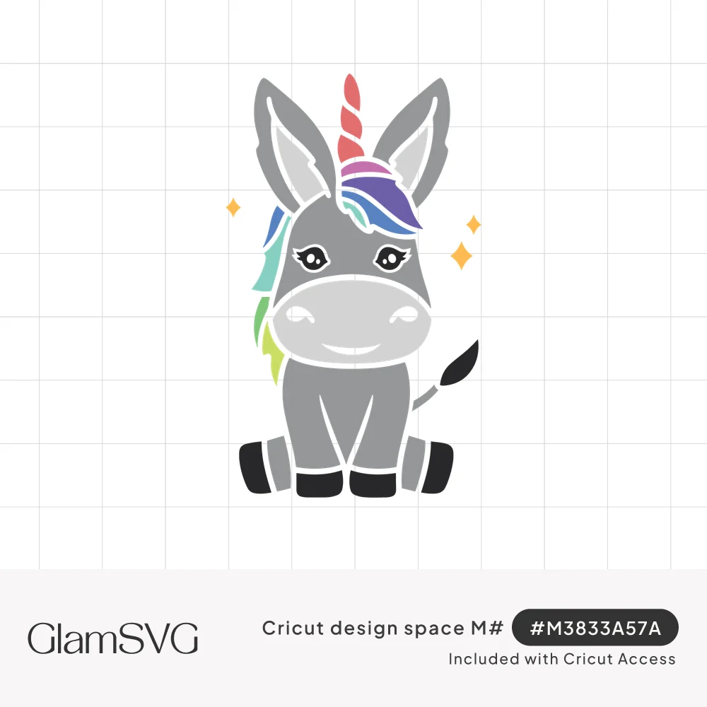 Cartoon gray donkey sitting with a pink unicorn horn, rainbow mane, long lashes and small gold sparkles