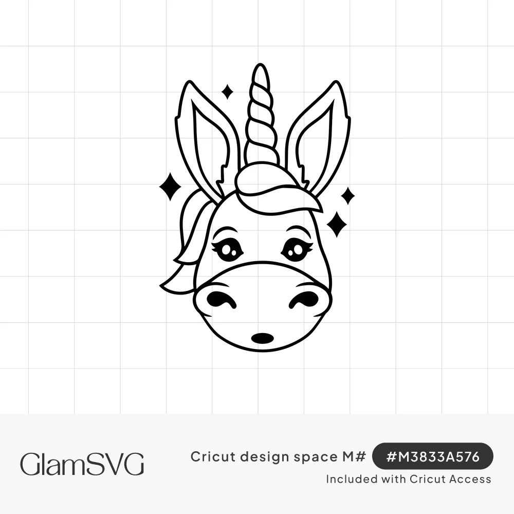 Black line art of a donkey face with a spiral unicorn horn, long ears, lashed eyes and sparkle stars around it