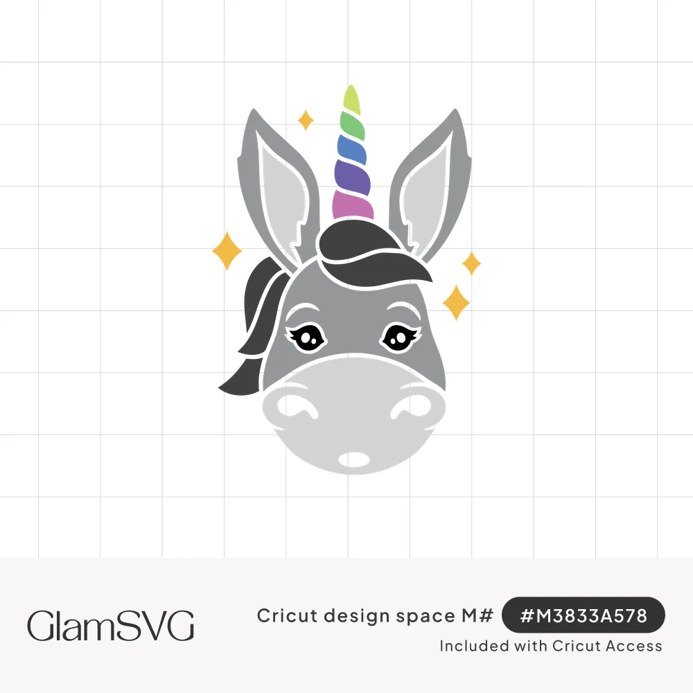 Gray cartoon donkey face with a rainbow spiral unicorn horn, dark mane, long-lashed eyes and gold sparkles