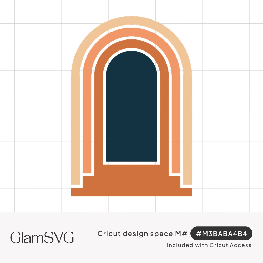 Layered arched doorway in cream, peach and terracotta bands around a navy door with a stepped base