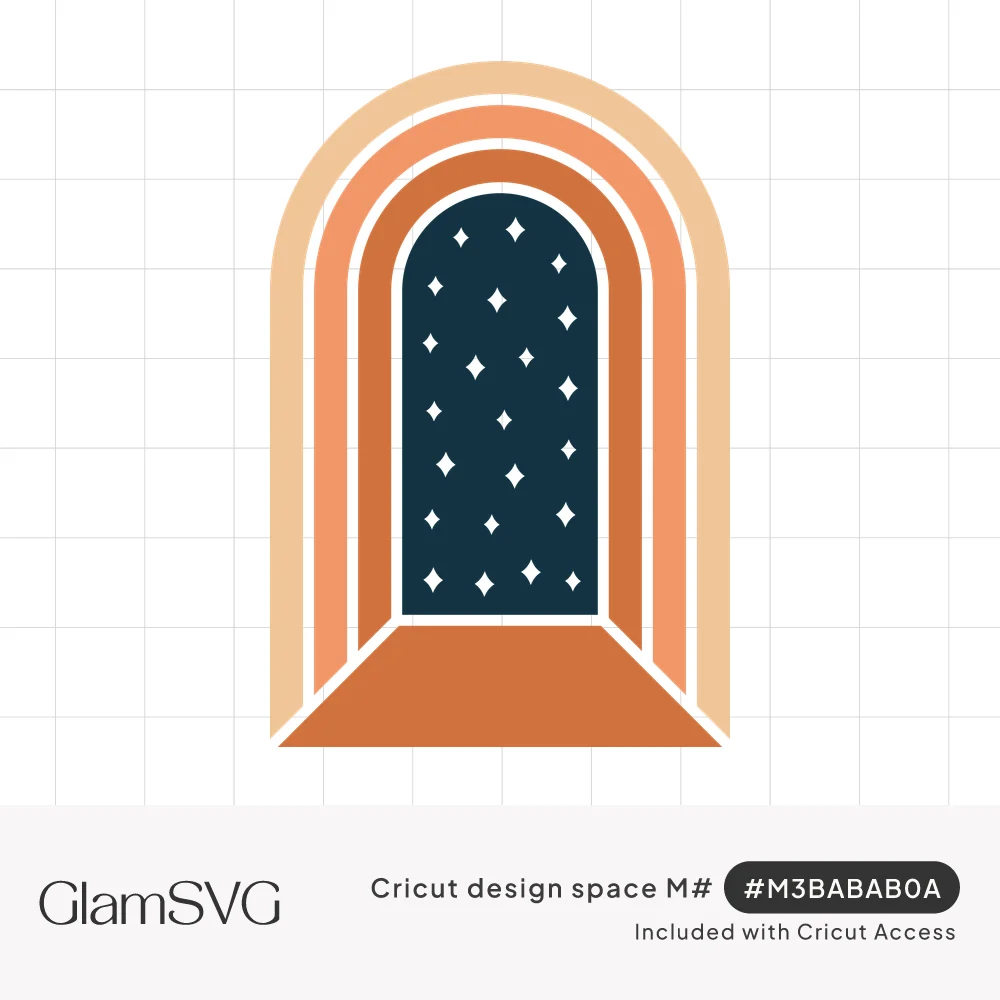 Boho arched doorway with peach, coral and terracotta bands opening onto a navy night sky with white stars