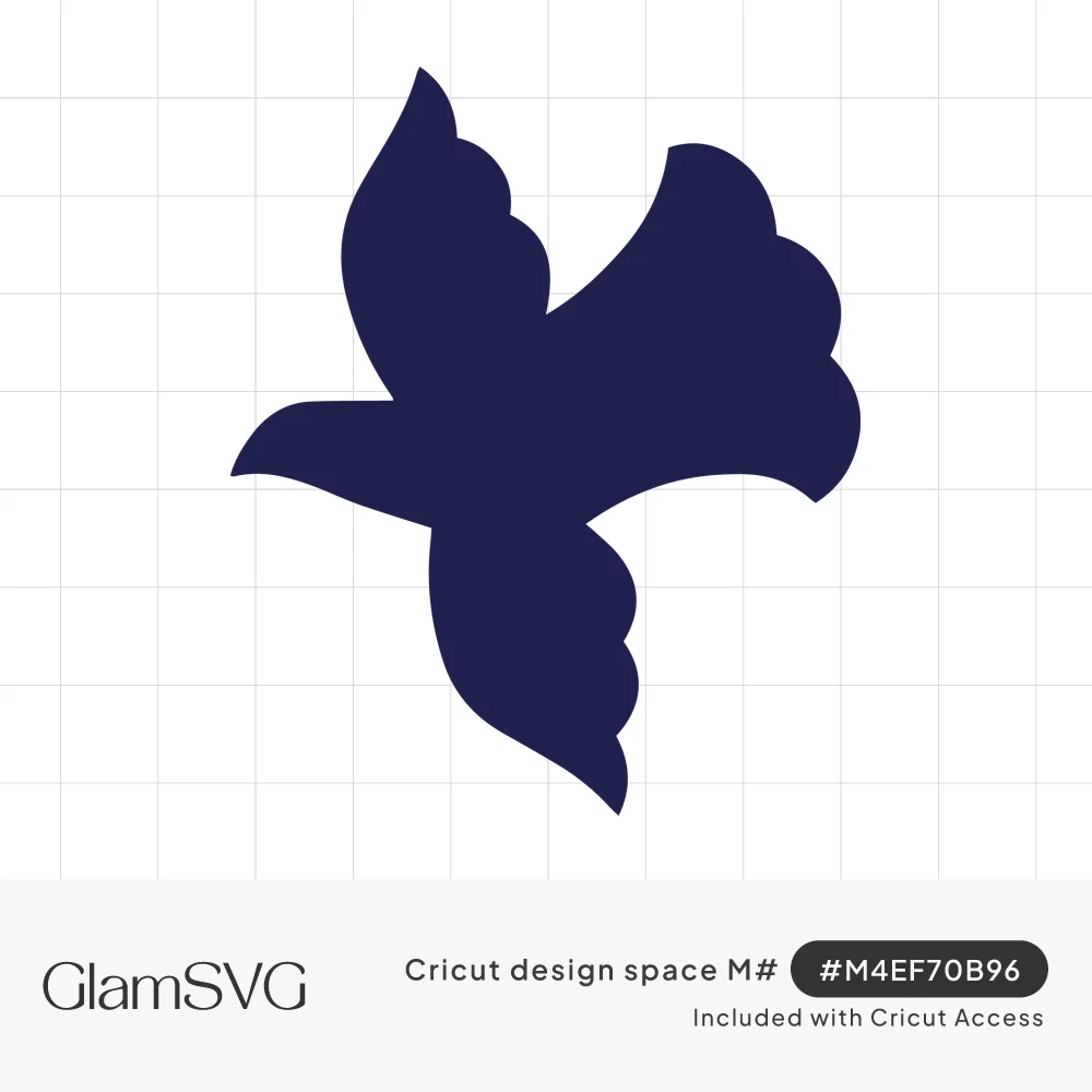 Solid navy silhouette of a dove in flight with upswept scalloped wings on a white background