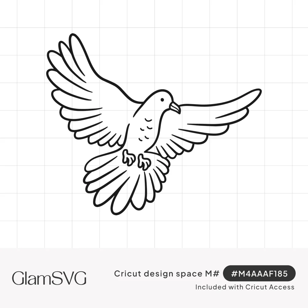 Black outline drawing of a dove flying with wings spread wide and tail feathers fanned out