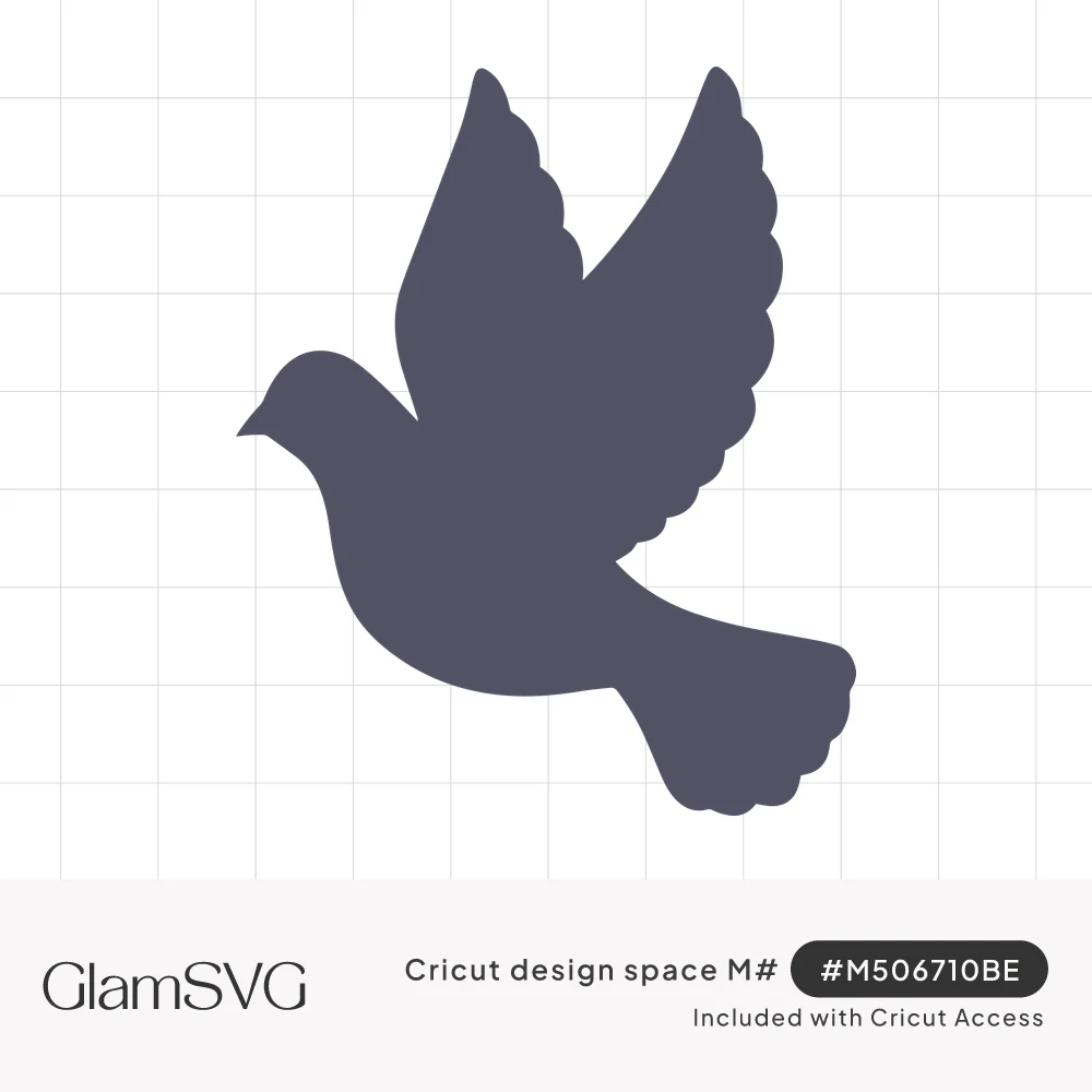 Solid dark gray silhouette of a dove in flight with raised scalloped wings and a fanned tail