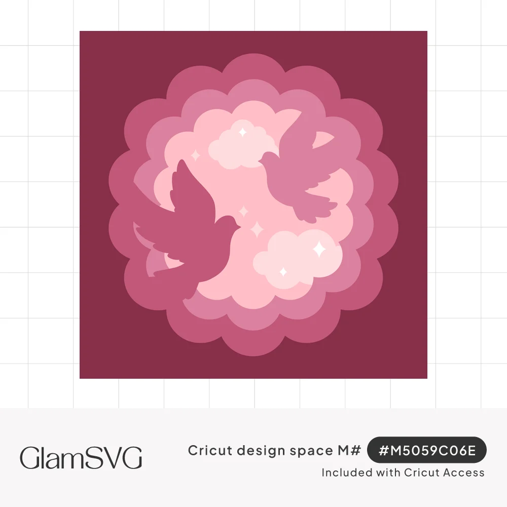 Layered pink paper shadowbox with two dove silhouettes flying among clouds and sparkles inside a scalloped cloud frame
