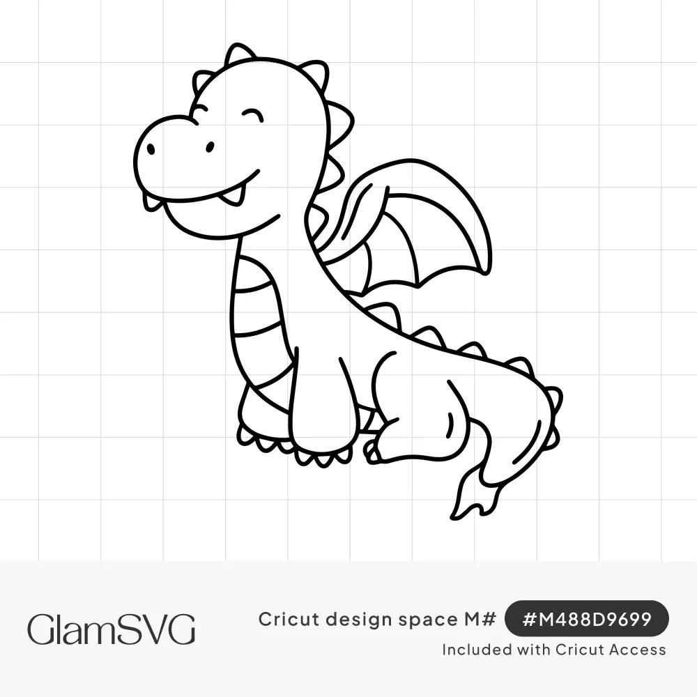 Black outline drawing of a cute smiling baby dragon sitting with folded wings, belly stripes and a spiky curled tail