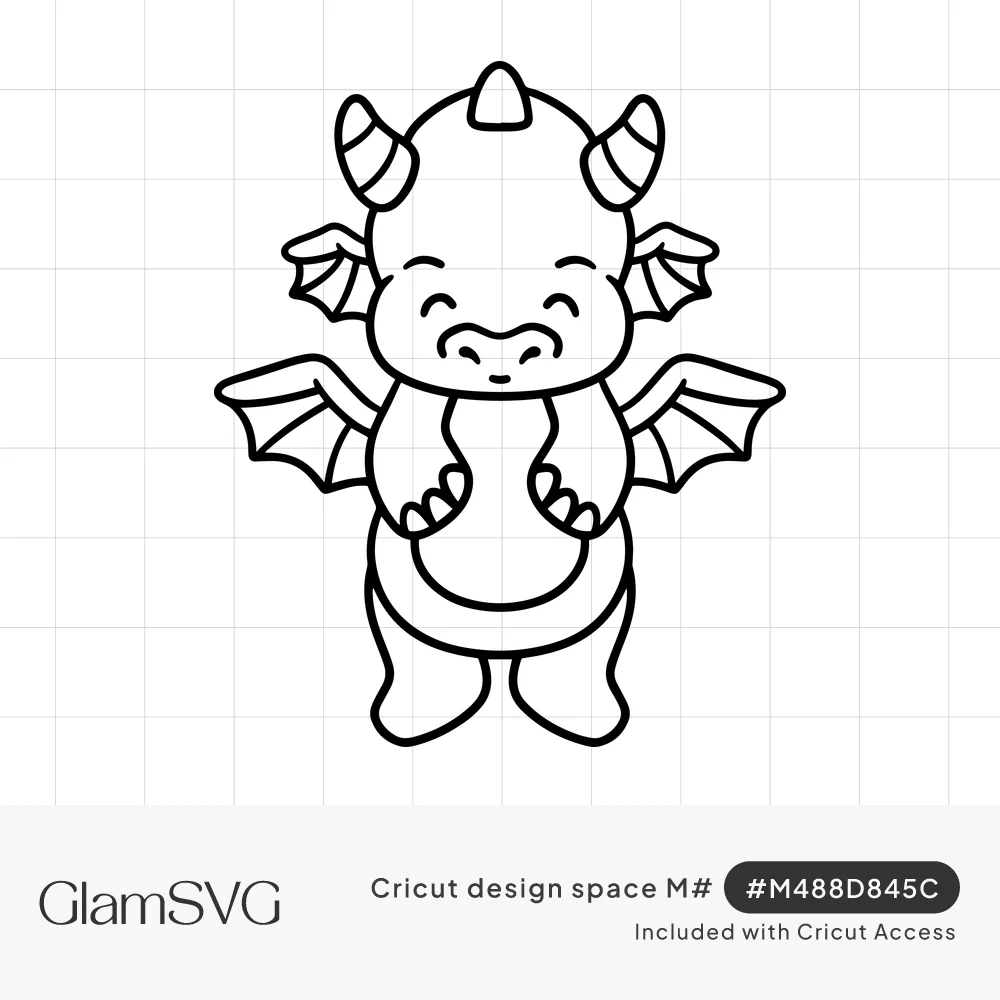 Black outline drawing of a chubby smiling baby dragon with curled horns, a head spike and four small bat-like wings