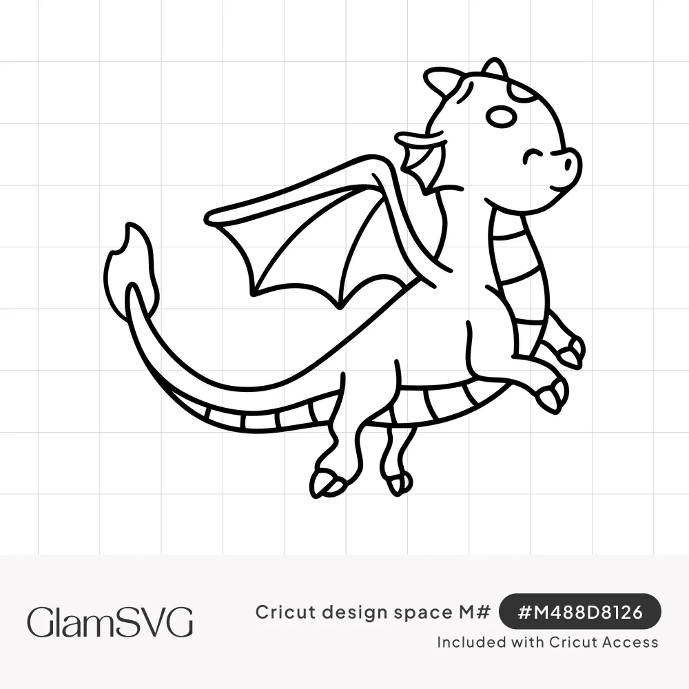 Black outline drawing of a smiling baby dragon flying with small wings, horns, striped belly and a flame-tipped tail