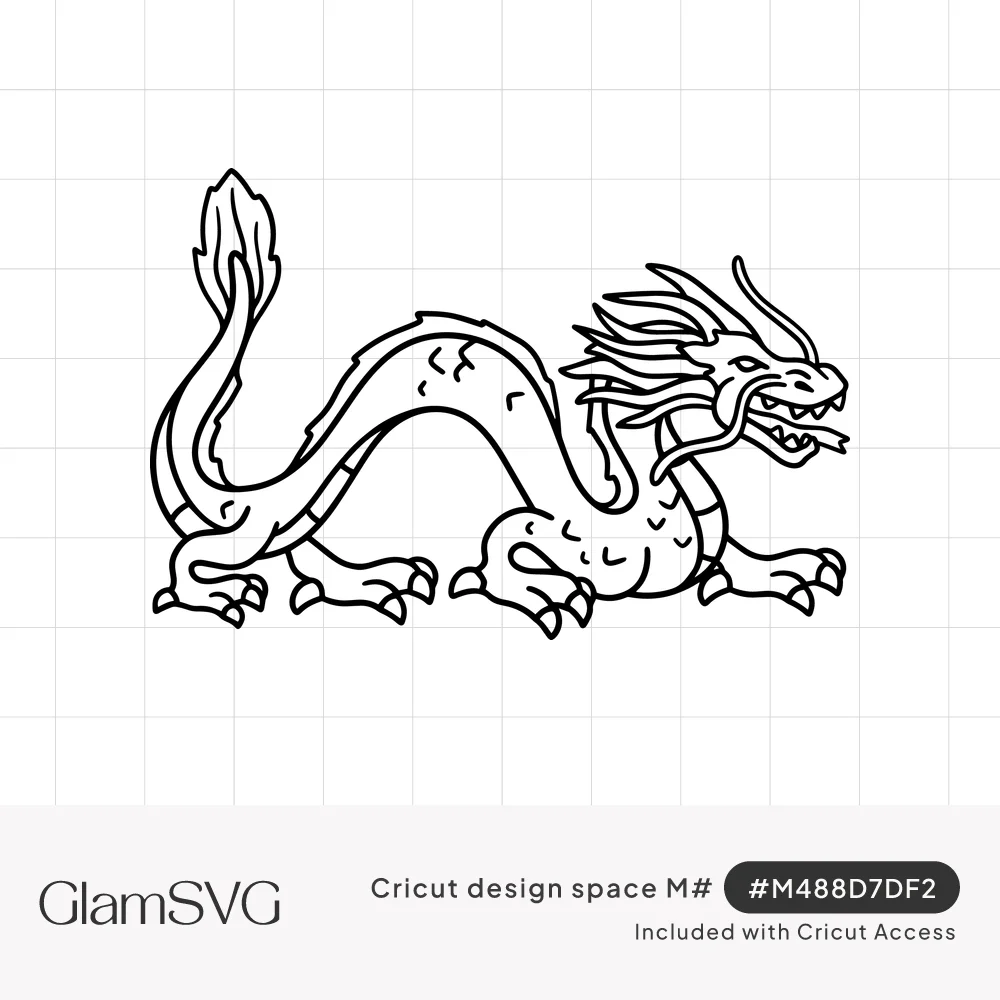Black line drawing of a Chinese dragon with a long curving body, whiskers, flowing mane, open jaws and clawed feet