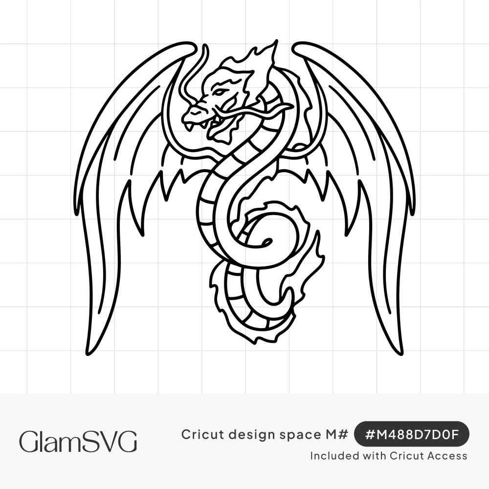 Black outline drawing of a coiled serpent dragon with open jaws, flame-like mane and two large feathered wings spread wide