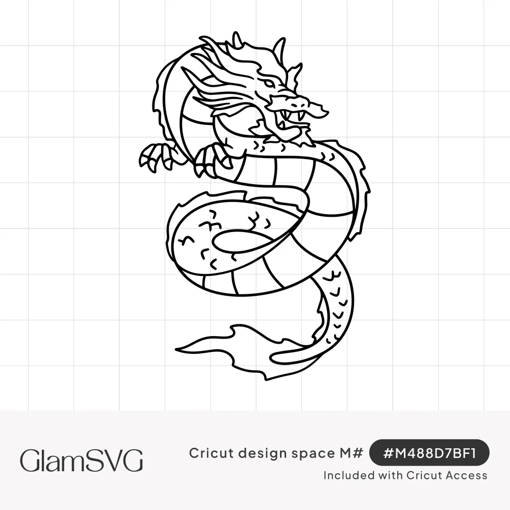 Black line art of a serpentine Eastern dragon with whiskers, claws, and a coiled scaled body ending in a flame-like tail