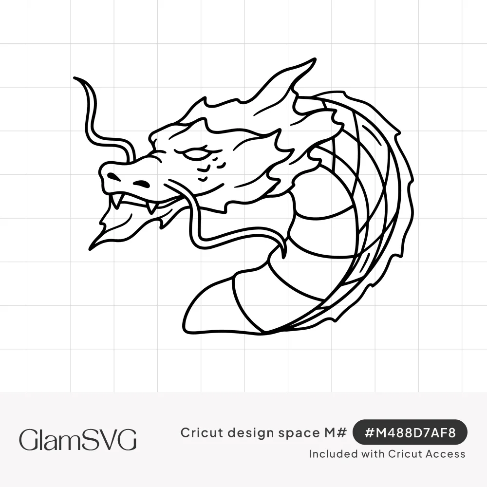 Black line drawing of an Eastern dragon head with long whiskers, open toothy mouth, and curved scaled body