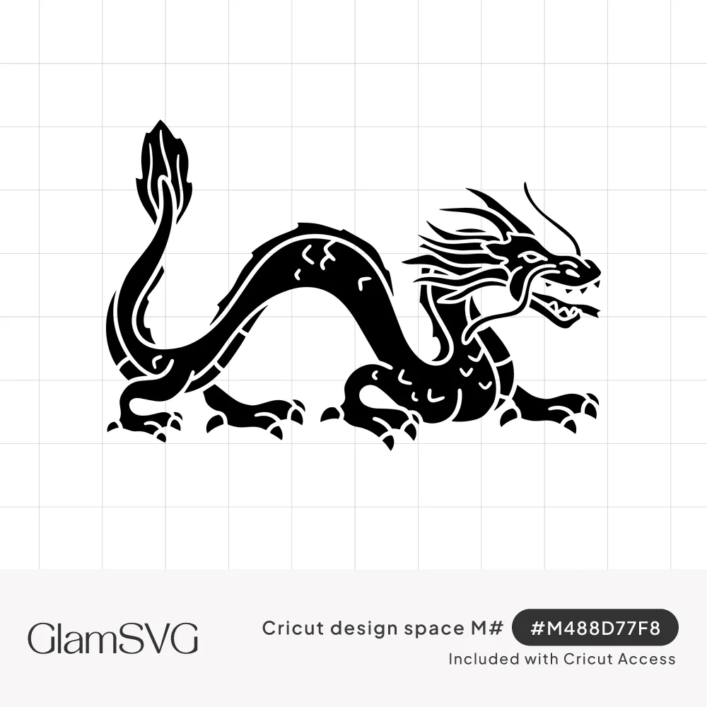 Black silhouette of a long serpentine Chinese dragon with whiskers, open jaws, clawed feet and a flame-shaped tail