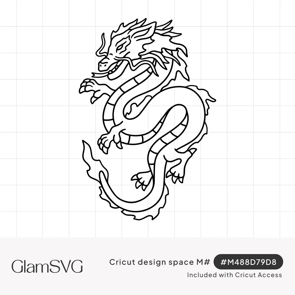 Black outline drawing of a coiled Chinese-style dragon with flowing mane, whiskers, claws and flame-like fins