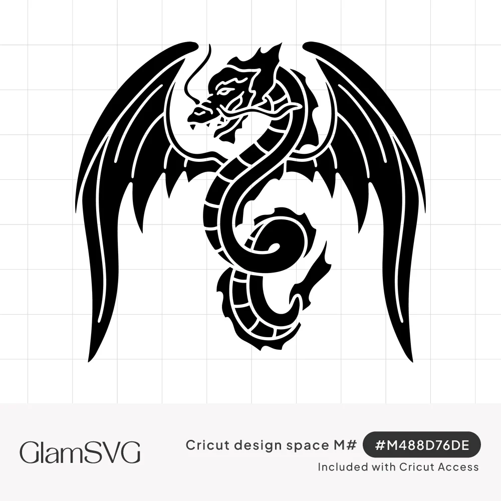 Black silhouette of a horned dragon with a coiled serpent body and large spread wings on a white background