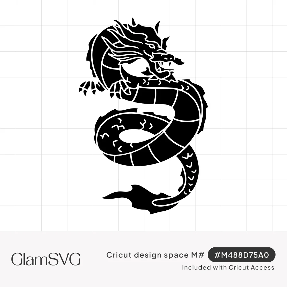 Black silhouette of a serpentine Eastern dragon with horns, whiskers and claws, its scaled body coiled into an S-shape
