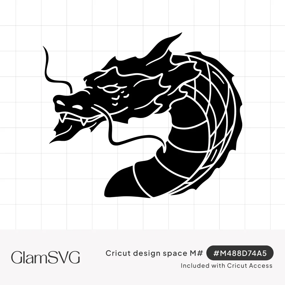 Black silhouette of a coiled Eastern dragon head with long whiskers, sharp teeth and a curved scaled body