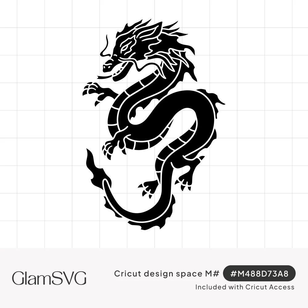 Black silhouette of a whiskered Chinese dragon with a serpentine S-shaped body, clawed feet and flame-like fins on its tail
