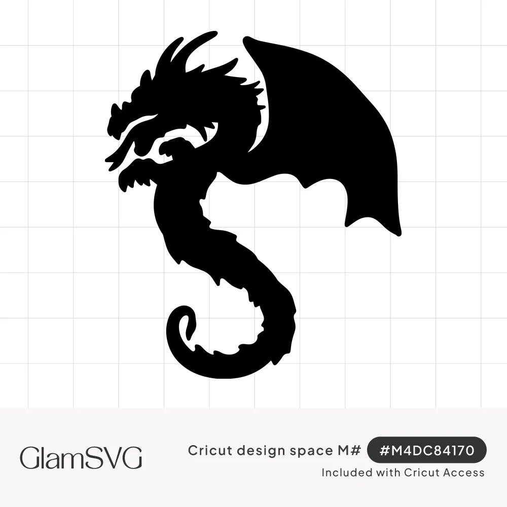 Black silhouette of a horned dragon with open jaws, a single bat-like wing and a long tail curling into a spiral
