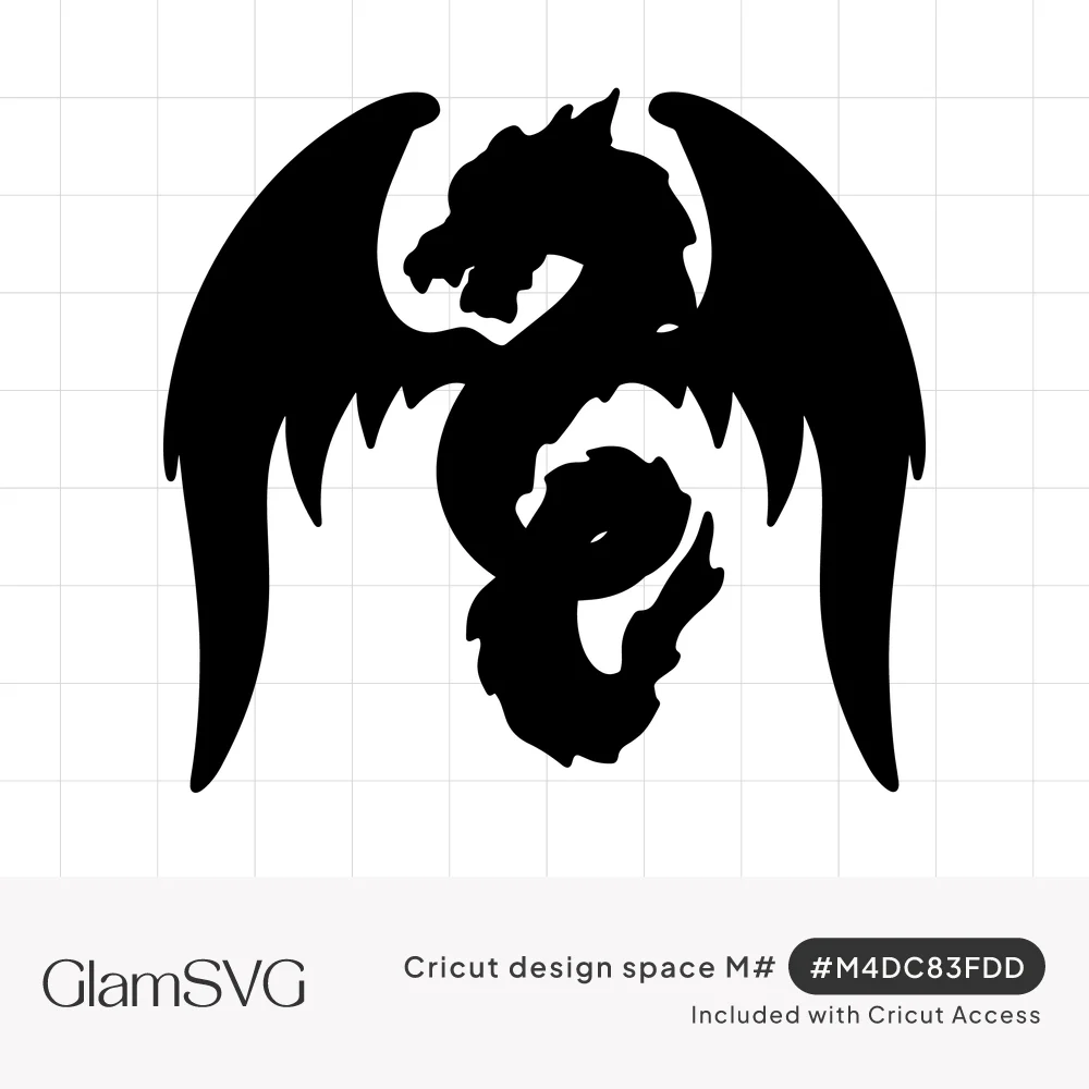 Black silhouette of a horned dragon with a coiled S-shaped body and two large feathered wings spread wide