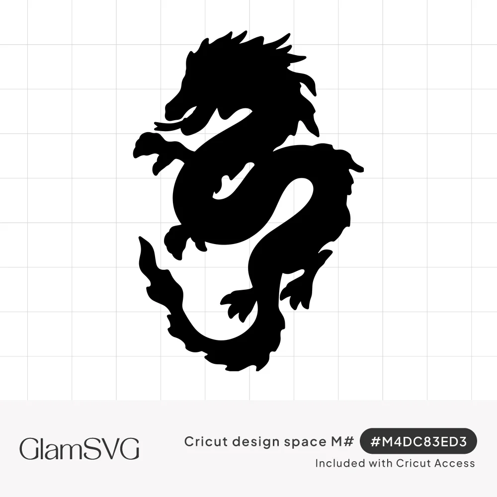 Black silhouette of an Eastern-style dragon with a coiled S-shaped body, flowing mane, claws and flame-like tail