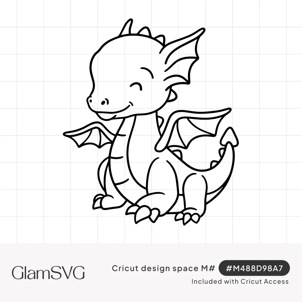 Black outline drawing of a cute baby dragon sitting with small wings, a spiked tail and a happy closed-eye smile