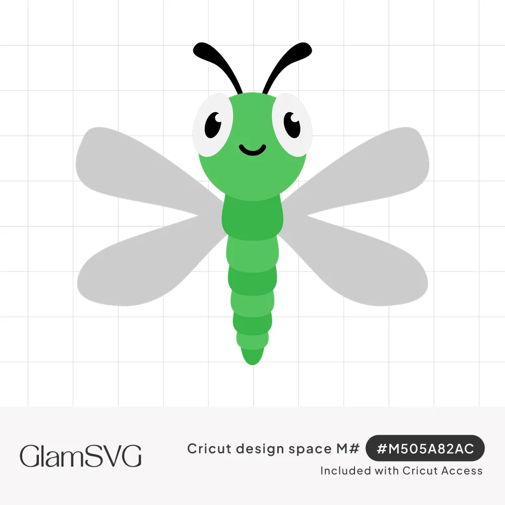Cartoon green dragonfly with big round eyes, a smile, black antennae and four light gray wings