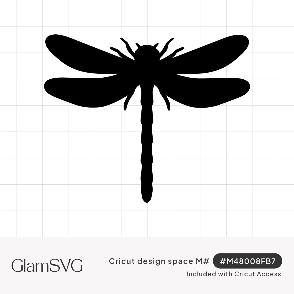 Black silhouette of a dragonfly seen from above with four spread wings, small legs and a long segmented tail