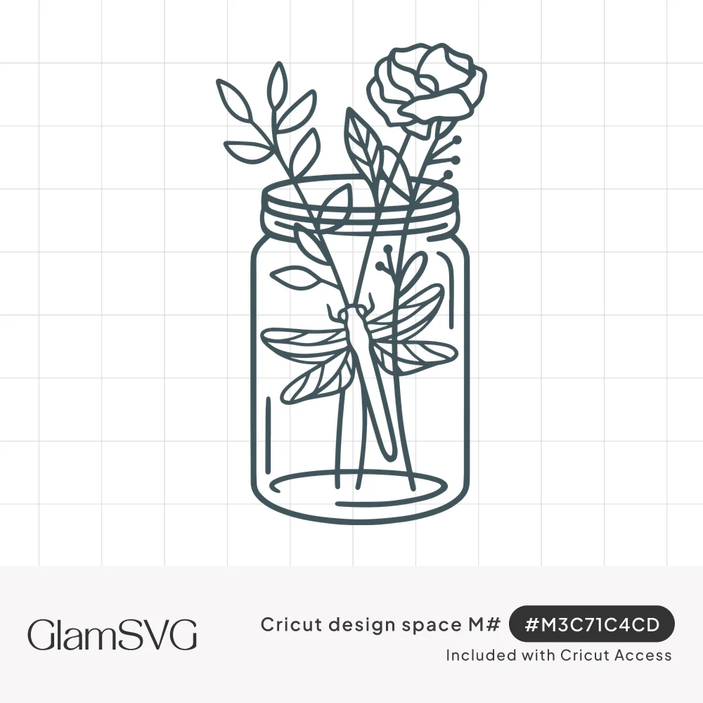 Line drawing of a mason jar holding a rose, leafy stems and sprigs, with a dragonfly resting inside the jar