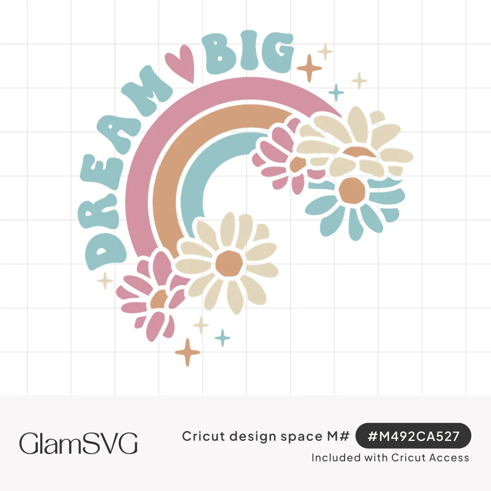 Dream Big lettering arched over a pastel pink, peach and teal rainbow with daisies and small sparkles