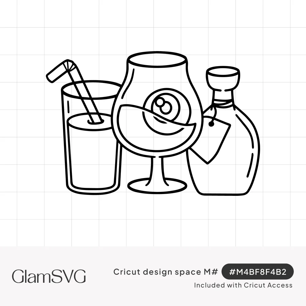 Black line drawing of a glass with a straw, a cocktail glass with cherries, and a liquor bottle with a tag
