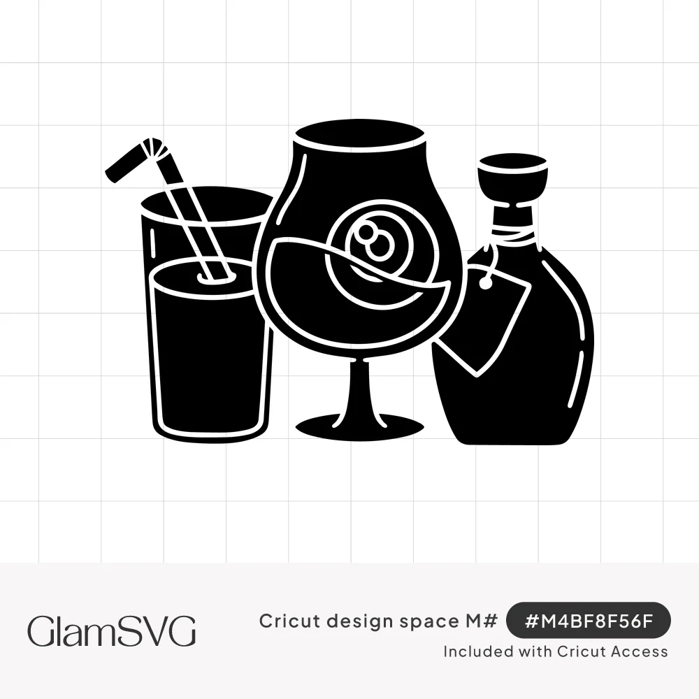 Black silhouette of a tall glass with a straw, a stemmed glass with garnish, and a corked bottle with a tag