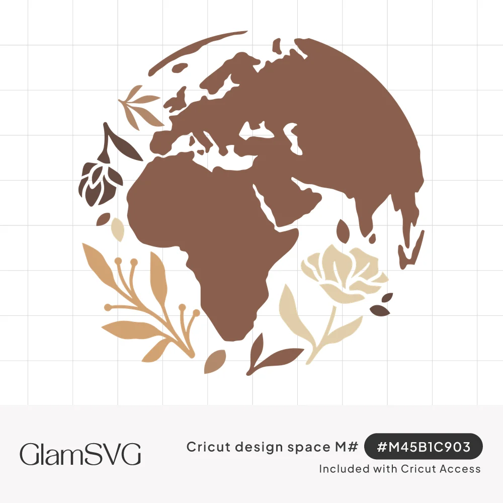 Round brown globe showing Europe and Africa surrounded by tan and cream roses, leaves and botanical sprigs
