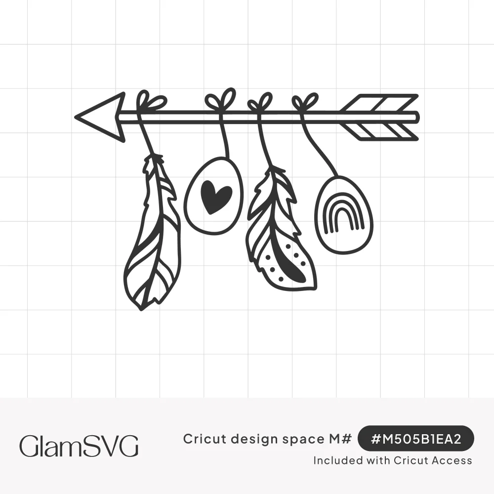 Black line art arrow with two feathers and two Easter eggs hanging from bows, one egg with a heart, one with a rainbow