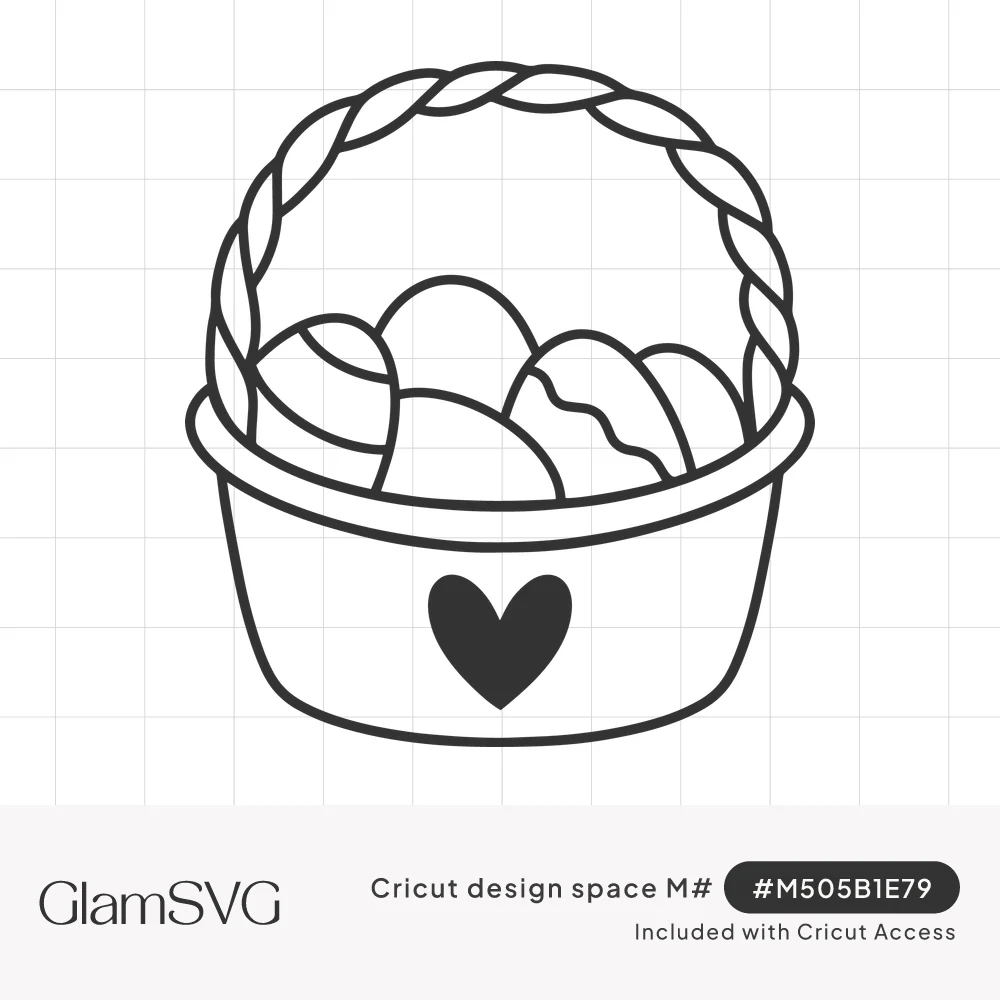 Black outline Easter basket with a twisted rope handle, decorated eggs inside and a solid heart on the front