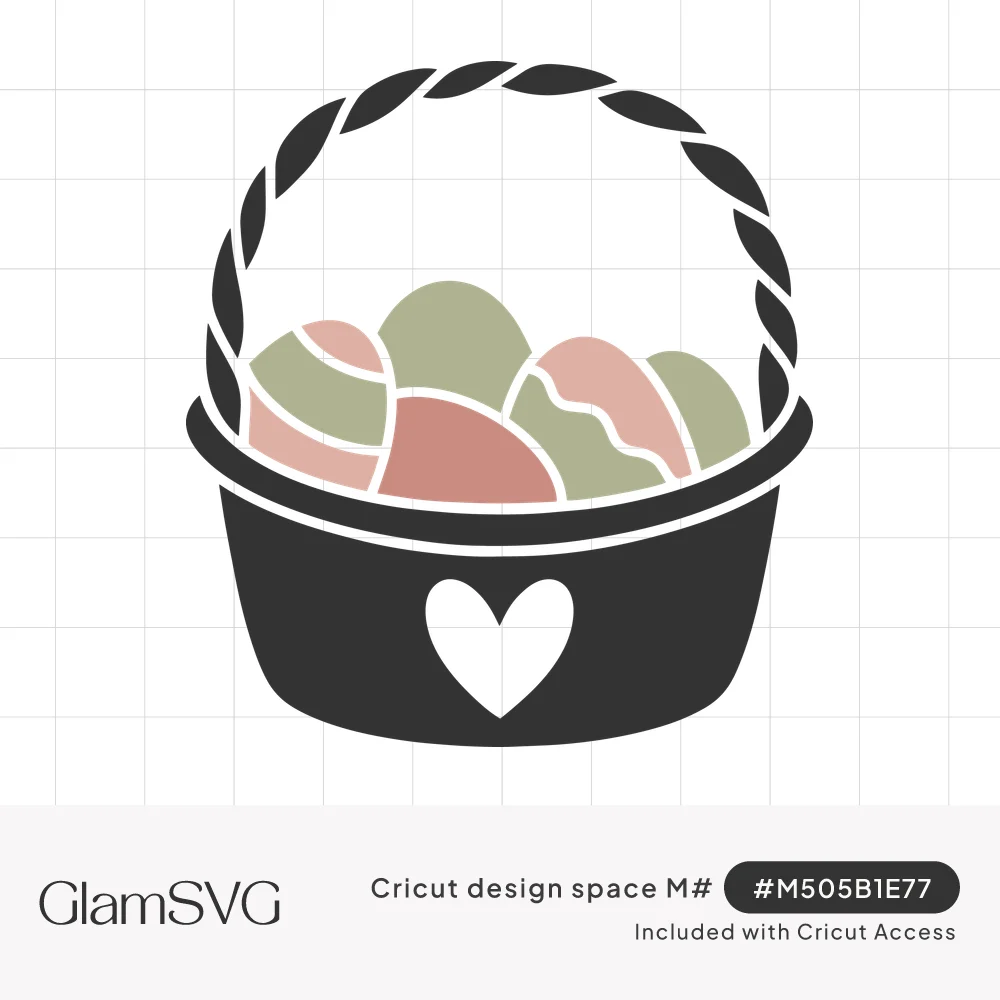 Charcoal Easter basket with twisted rope handle filled with sage green and pink decorated eggs, heart on the front