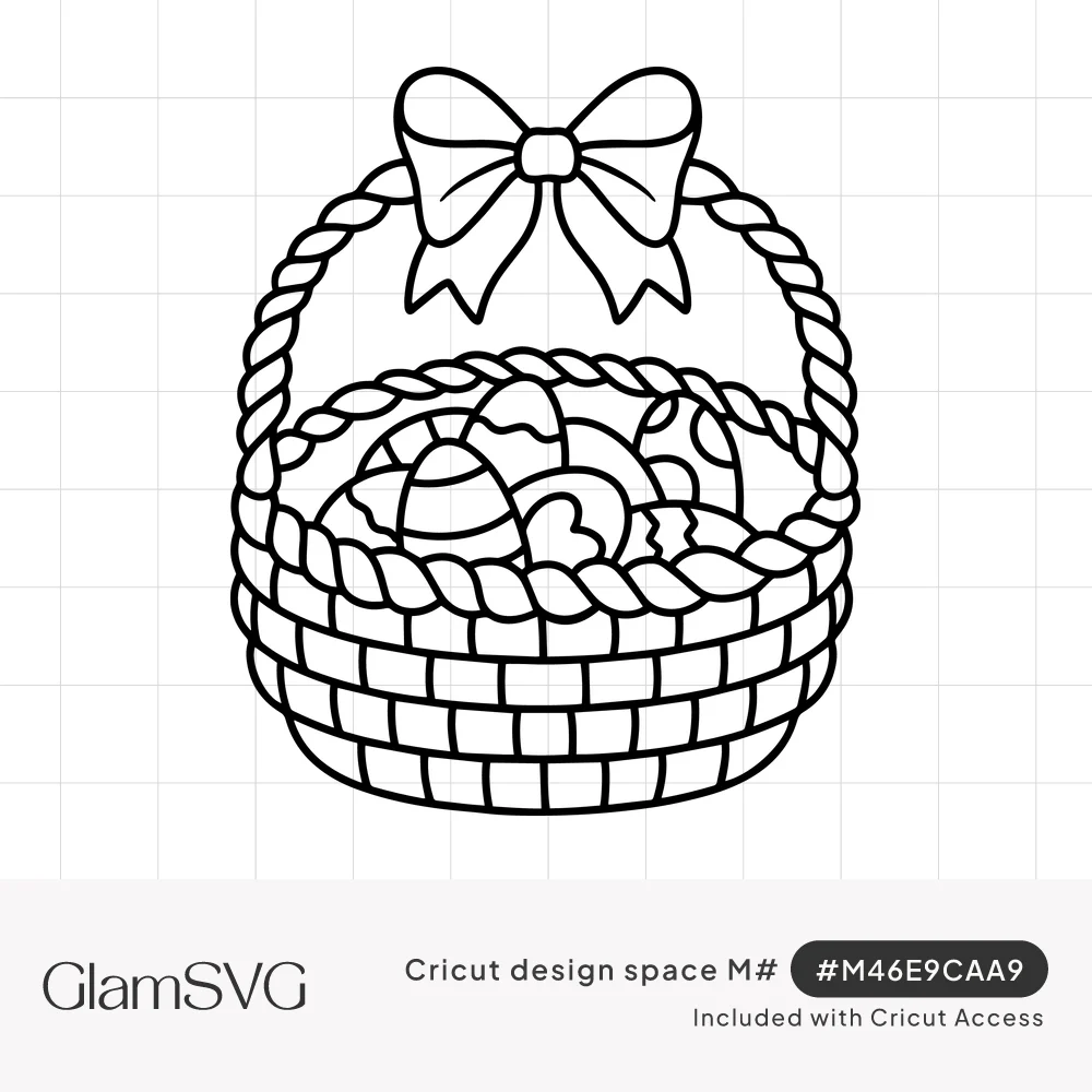 Black line art of a woven Easter basket with a twisted rope handle, a bow on top and patterned eggs inside
